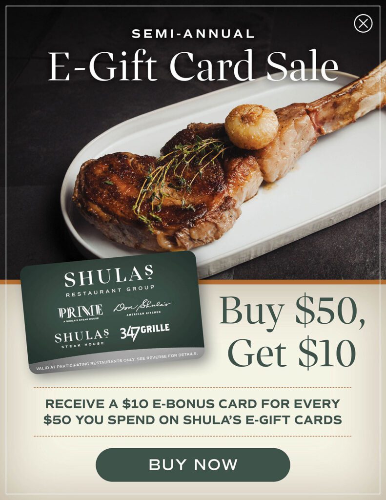 E-gift crad sale. Receive a $10 gift card for every $50 spent on gift cards